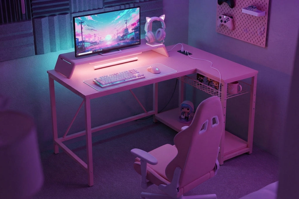 Pink L-shaped gaming desk in purple-lit anime bedroom setup with monitor pink mechanical keyboard cat-ear headset stand and pink gaming chair