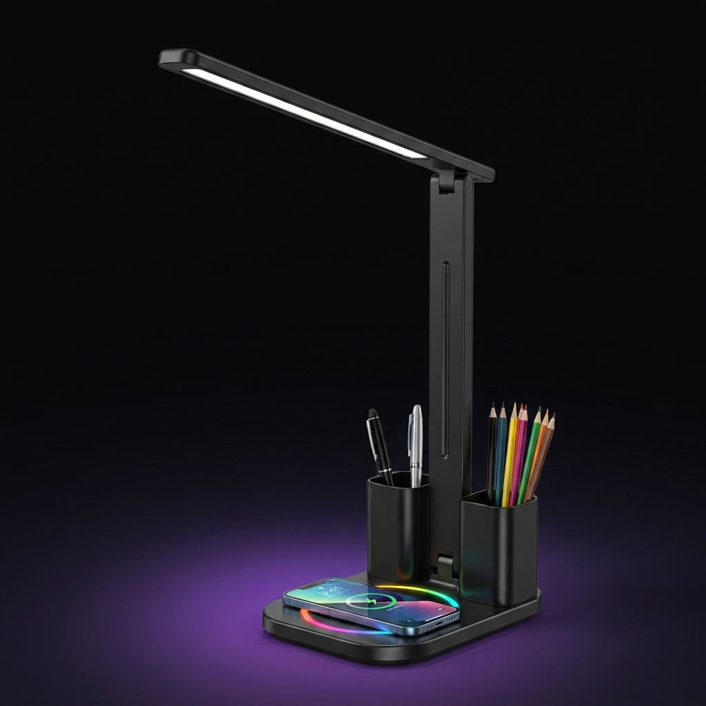 Black 3-in-1 RGB desk lamp with folding arm two pen organizer compartments and phone wireless charging base with rainbow RGB base glow on dark background
