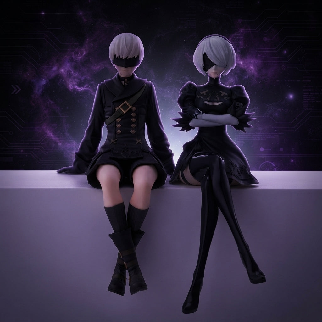 Two anime-style female figures in black outfits with short silver hair, seated on a platform against a dark purple digital background.