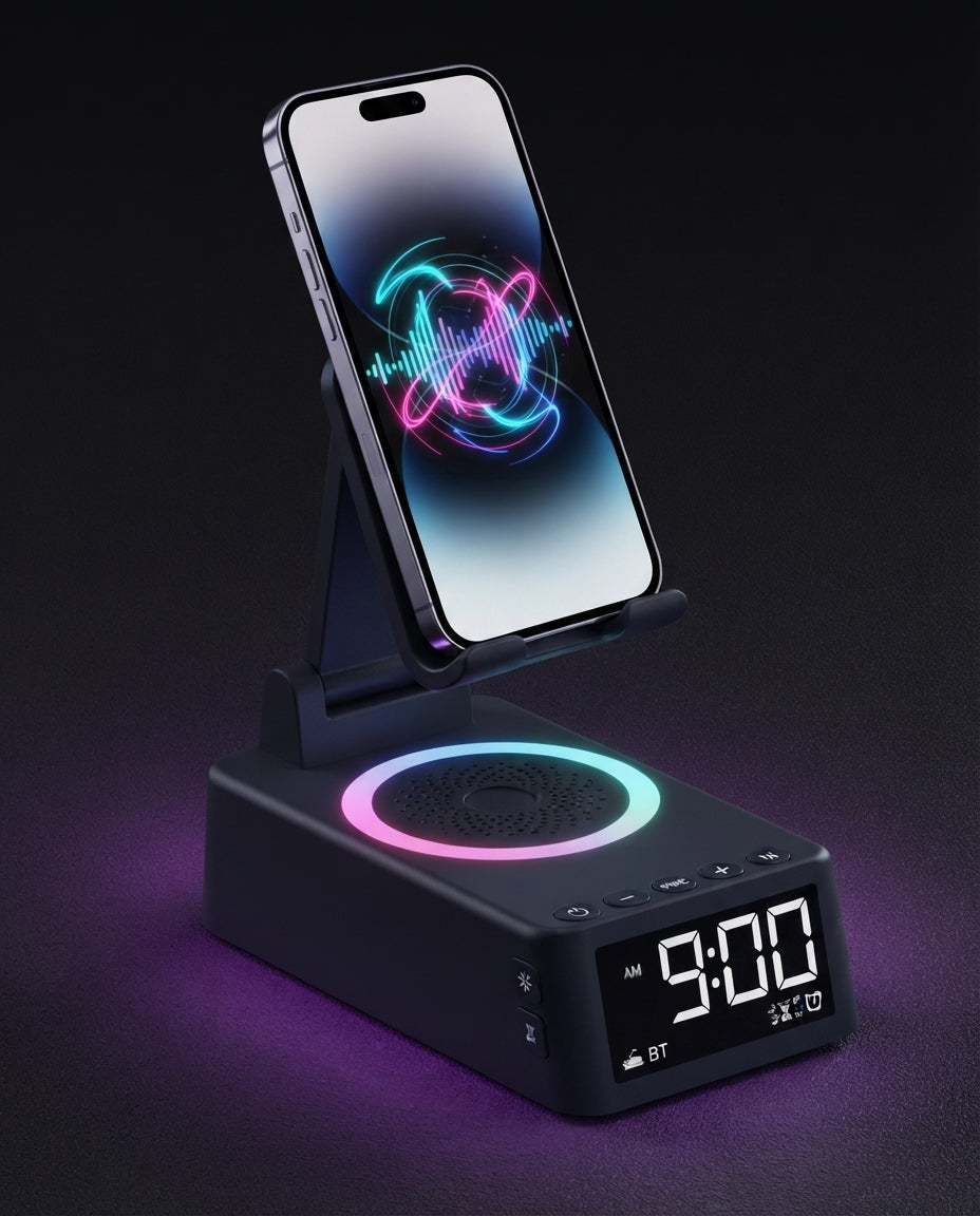Spawn Station 7-in-1 RGB speaker and wireless charging stand with iPhone mounted on stand showing neon audio waveform wallpaper rainbow RGB ring glow and LED clock display on dark purple desk