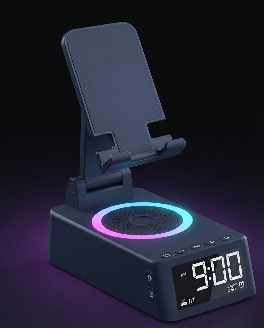 Dark navy Spawn Station 7-in-1 RGB speaker and wireless charging stand with rainbow RGB ring light folding phone stand and LED clock display showing 9:00 AM on dark purple background