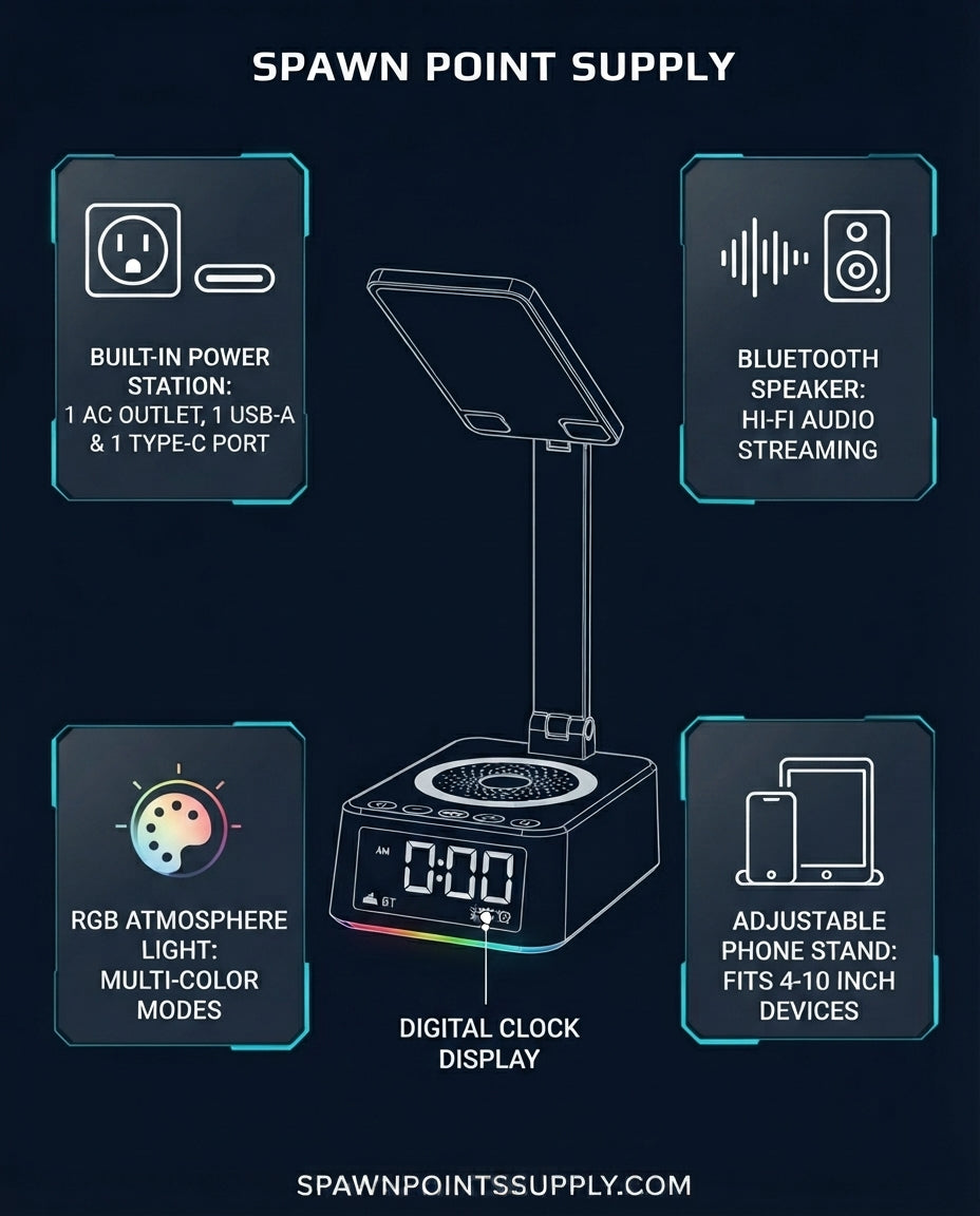 Spawn Station 6-in-1 infographic showing built-in power station with 1 AC outlet 1 USB-A and 1 USB-C port Bluetooth Hi-Fi audio streaming RGB atmosphere light with multi-color modes digital clock display and adjustable phone stand fits 4 to 10 inch devices