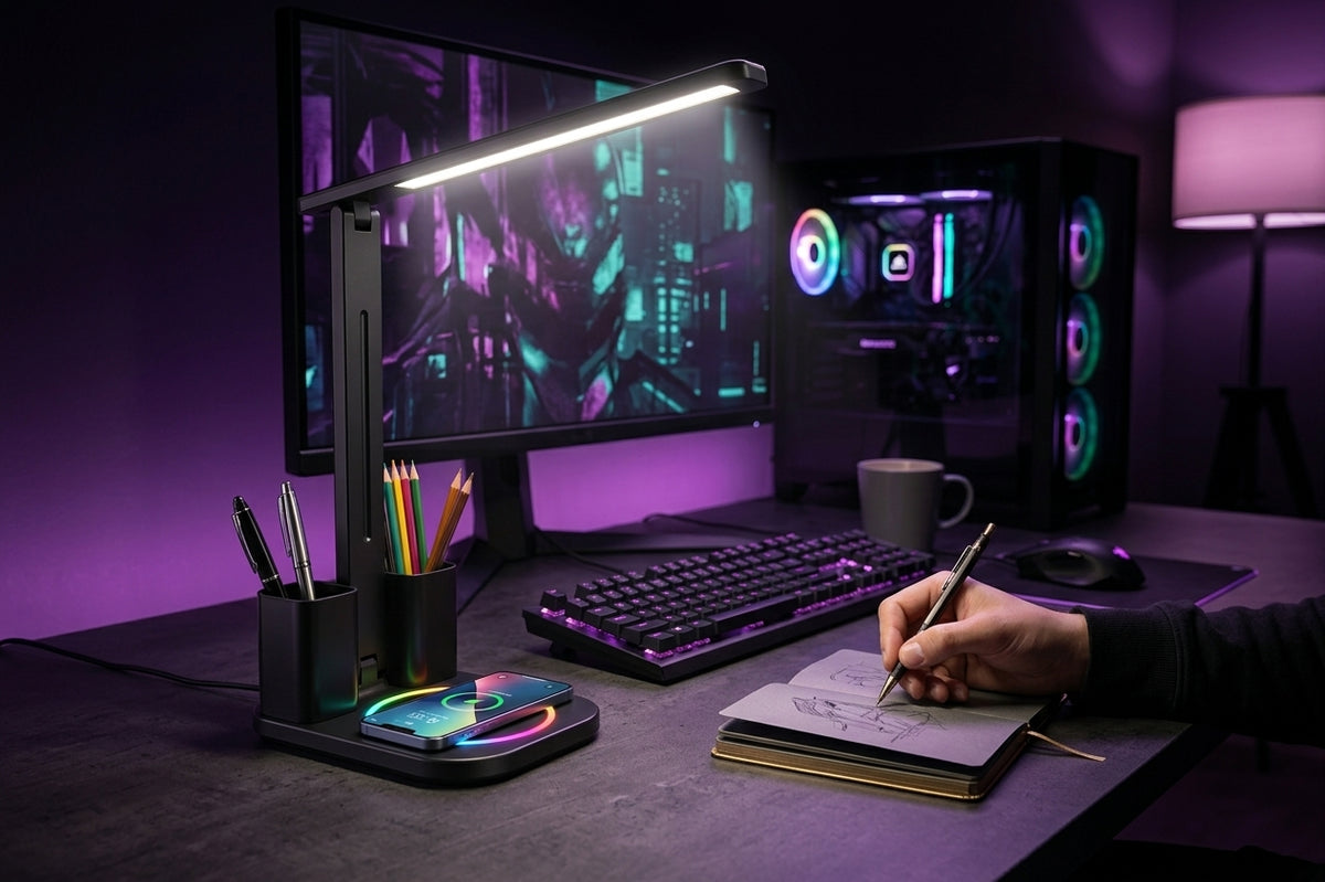 Command Light 3-in-1 RGB desk lamp on purple-lit gaming desk with ultrawide monitor RGB PC tower mechanical keyboard and phone charging on base while hand writes in notebook