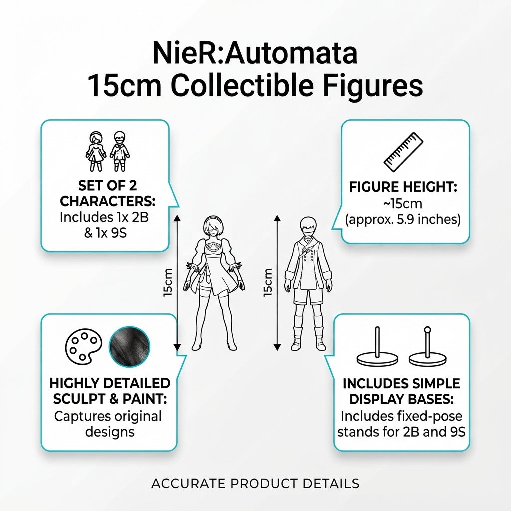 NieR Automata 15cm collectible figures product specs infographic showing set of 2 characters 1x 2B and 1x 9S approximately 15cm 5.9 inches tall highly detailed sculpt and paint captures original designs includes simple display bases fixed-pose stands for 2B and 9S