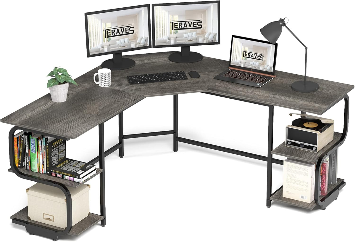 64.8″ L-Shaped Gaming Desk with 4-Tier Shelves