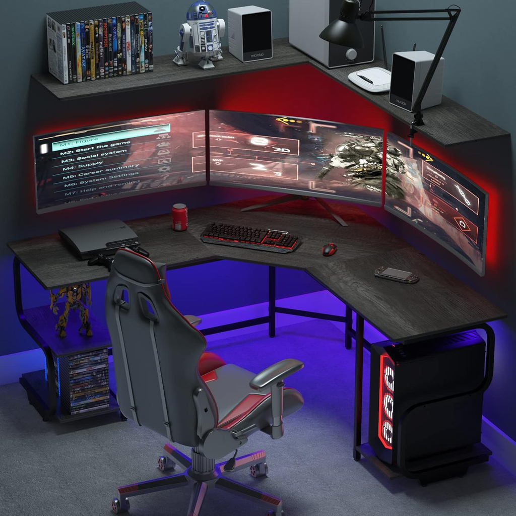 64.8″ L-Shaped Gaming Desk with 4-Tier Shelves