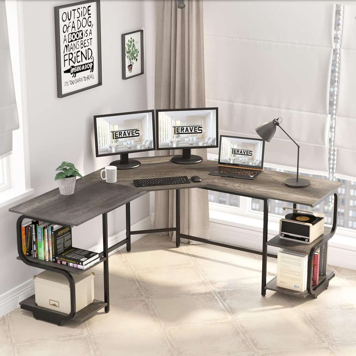 64.8″ L-Shaped Gaming Desk with 4-Tier Shelves
