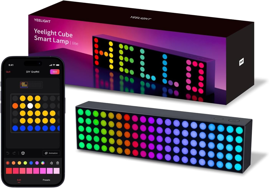 Yeelight Cube Smart Lamp with smartphone app control and packaging on a white background