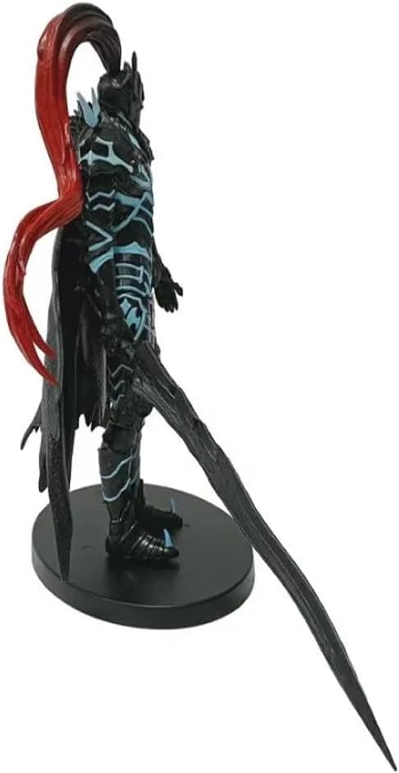 A collectible action figure of a dark fantasy warrior with long red hair, black armor with blue glowing patterns, and a long black sword, standing on a round black base against a white background.
