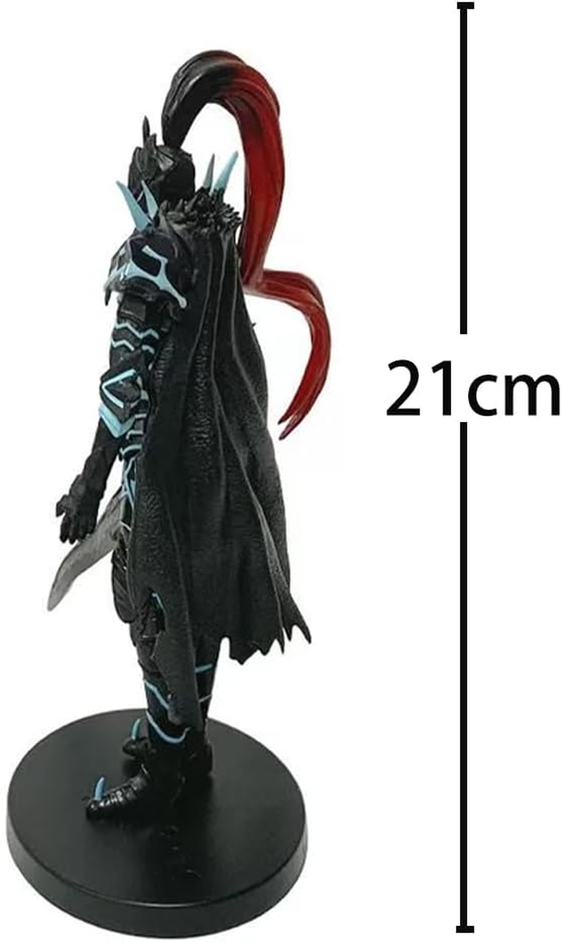 A black fantasy character figurine with a long red hair or cape accent, shown standing on a round black base against a white background, with a vertical measurement marker reading 21cm.