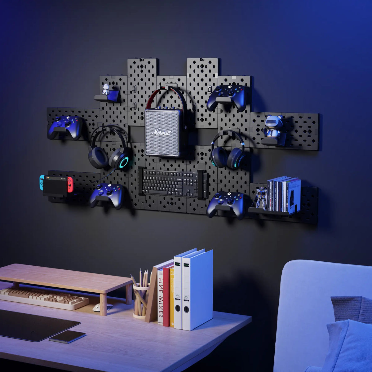 PEGZONE Customizable Modular Gaming Pegboard Wall Mount Set - 14 Black Desk Accessory Pcs with Adjustable Racks, Console Organizer, Controller Holders, Headphone Holders, Disc Shelf for Gamer Room Organization, Decor, Room Decor