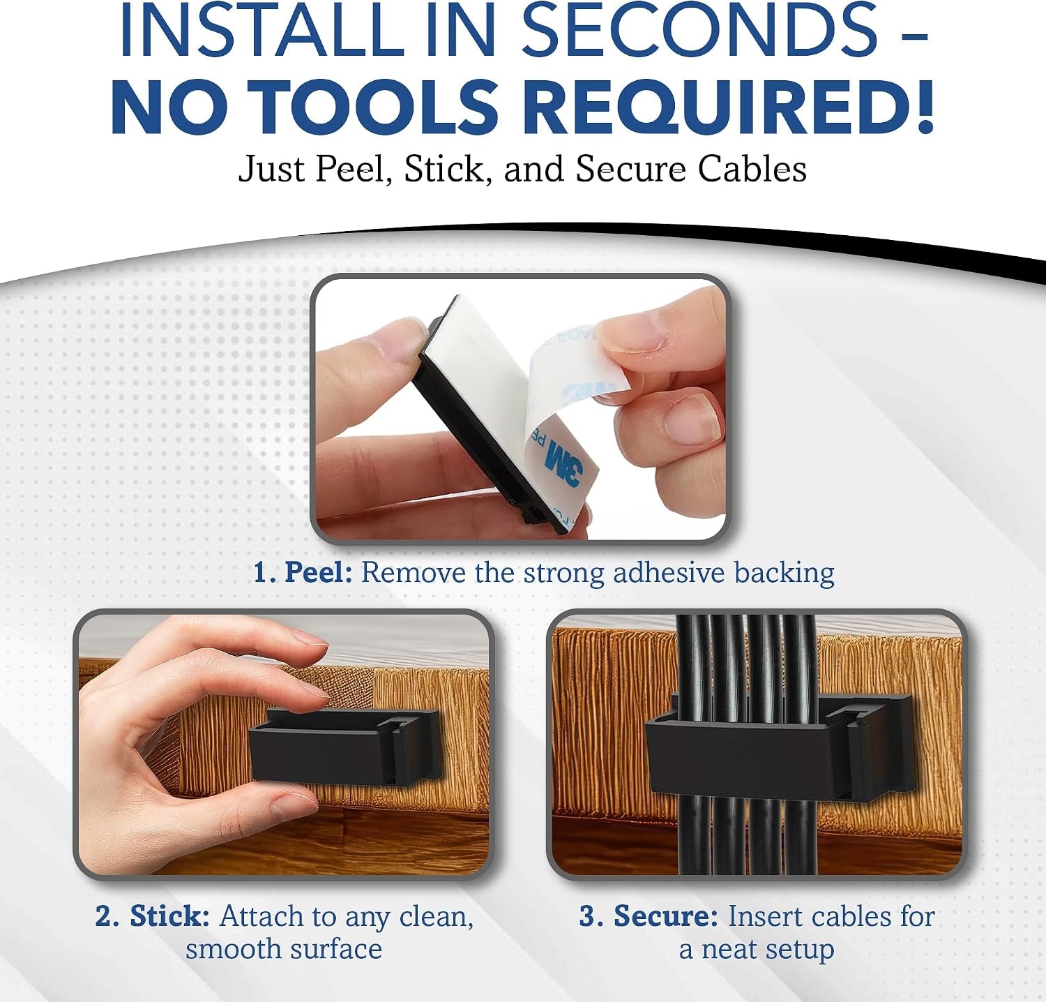 100-Pack Self-Adhesive Cable Management Clips – Black