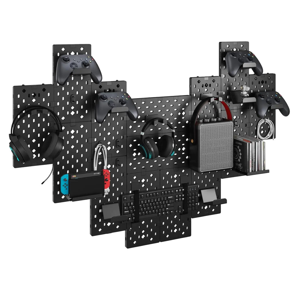 PEGZONE Customizable Modular Gaming Pegboard Wall Mount Set - 14 Black Desk Accessory Pcs with Adjustable Racks, Console Organizer, Controller Holders, Headphone Holders, Disc Shelf for Gamer Room Organization, Decor, Room Decor