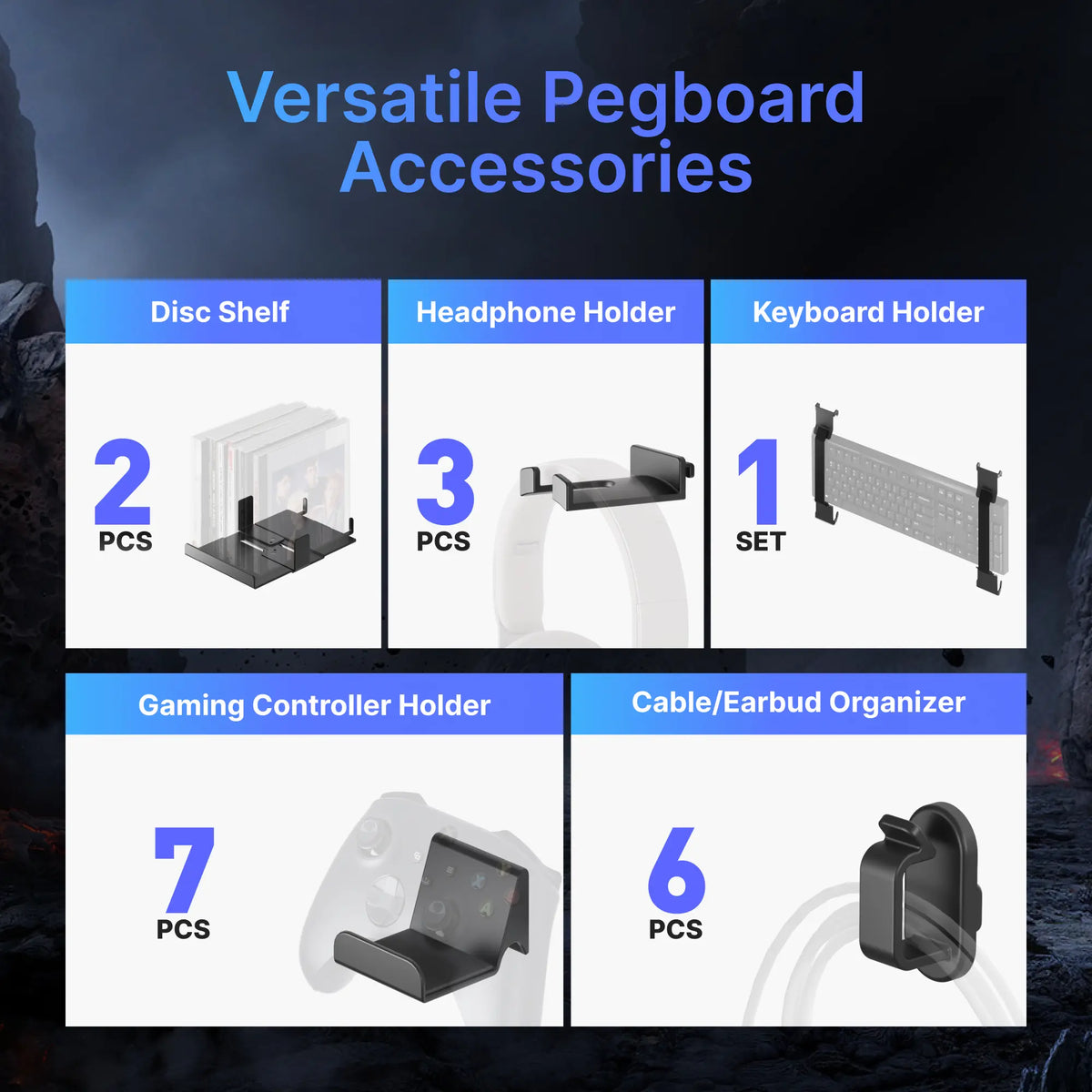 PEGZONE Customizable Modular Gaming Pegboard Wall Mount Set - 14 Black Desk Accessory Pcs with Adjustable Racks, Console Organizer, Controller Holders, Headphone Holders, Disc Shelf for Gamer Room Organization, Decor, Room Decor