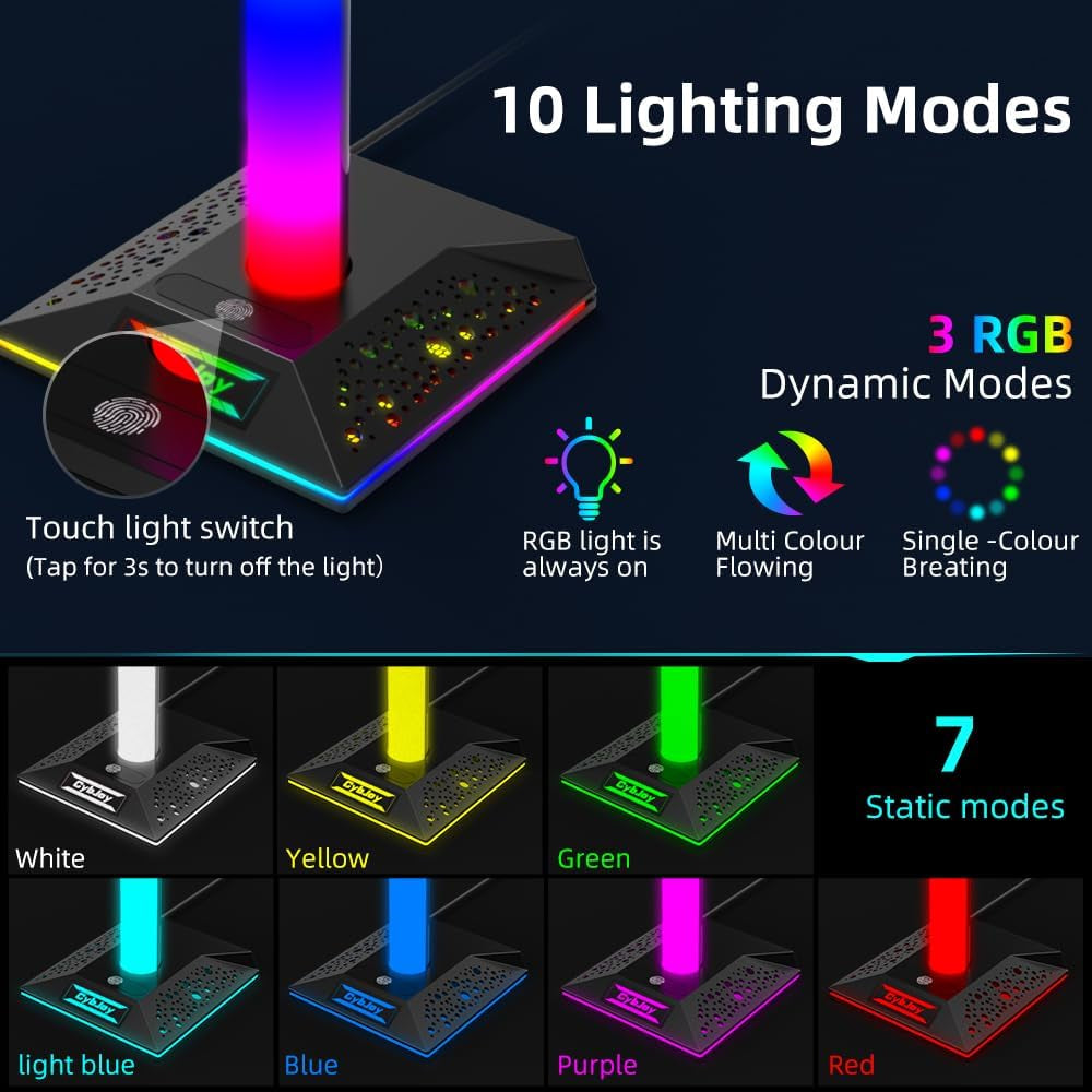 RGB Headset Stand with USB & USB-C Hub